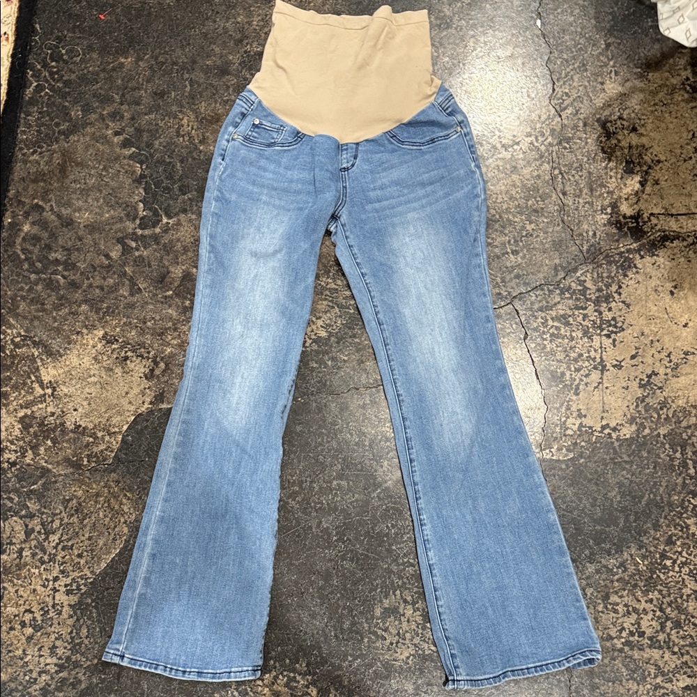 Indigo Blue Flare Jeans with Tan Waistband